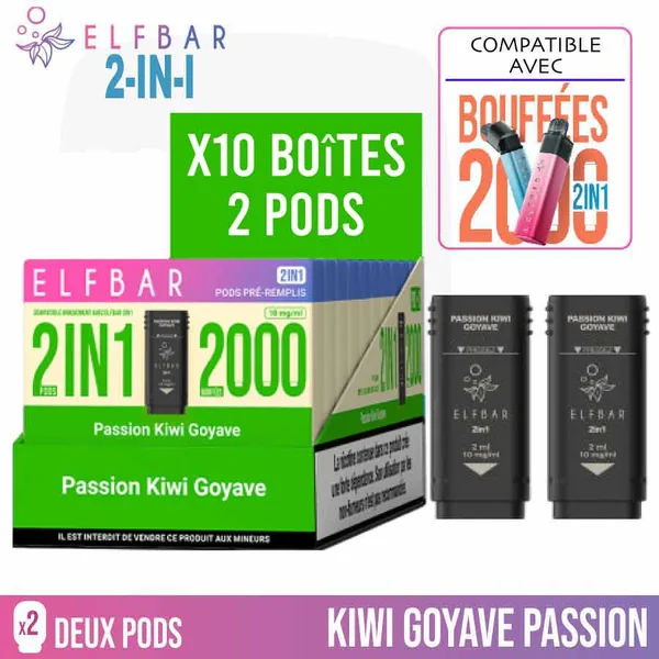 Boite de 10 Pods ELFBAR 2in1 Passion Kiwi Goyave | ELFBAR Puff Rechargeable